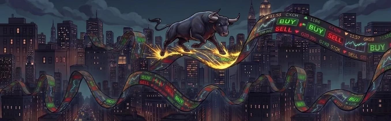 tapebull.com — a bull charging through a stock-ticker tape over a city skyline