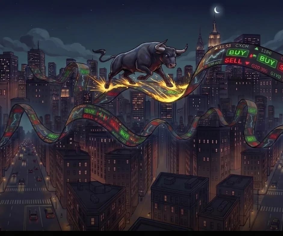 tapebull.com — a bull charging through a stock-ticker tape over a city skyline
