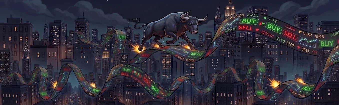 tapebull.com — a bull charging through a stock-ticker tape over a city skyline