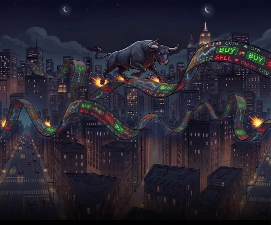tapebull.com — a bull charging through a stock-ticker tape over a city skyline